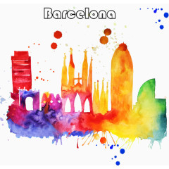 水彩绘巴塞罗那建筑