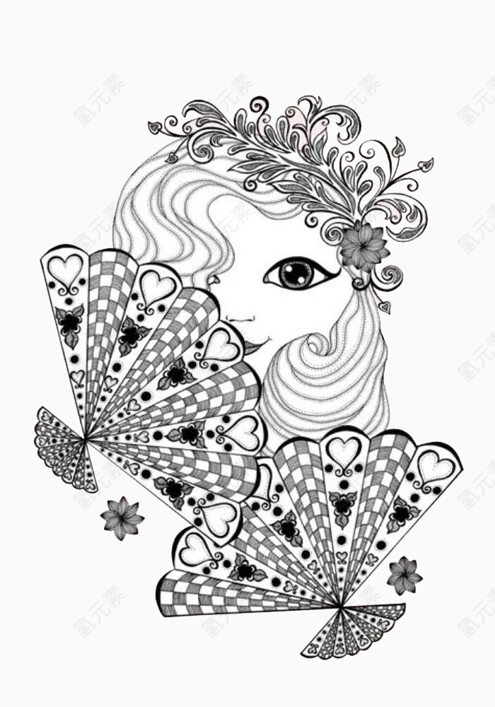 黑白妩媚少女插画