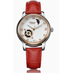 尼尚白金表盘红色真皮手表