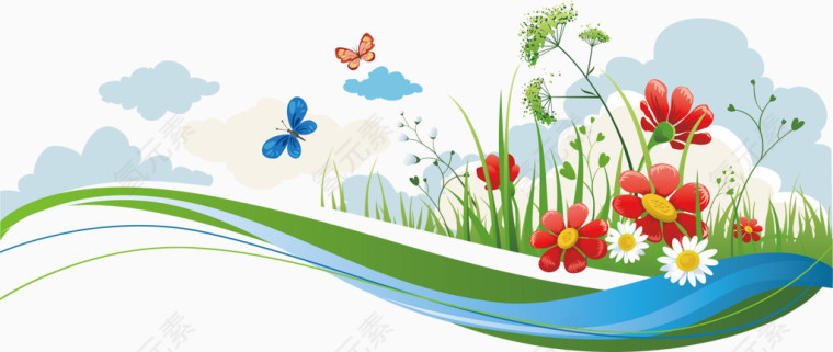 卡通白云花朵草丛河流矢量图