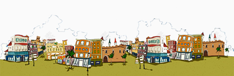 手绘城市风光漫画插画