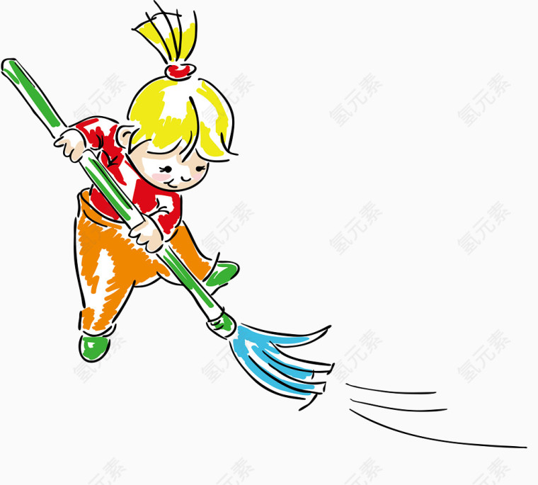 卡通打扫卫生的小男孩