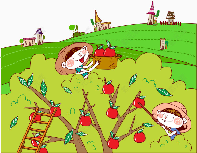 矢量手绘摘苹果