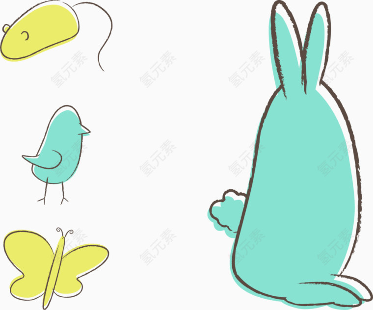 简笔画兔子老鼠小鸟蝴蝶矢量图