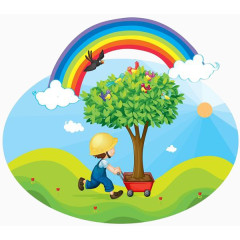 卡通彩虹上的工人