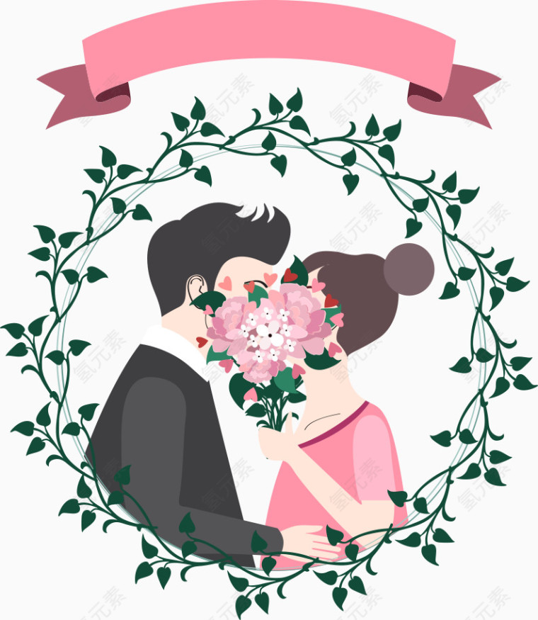 矢量卡通情侣与丝带