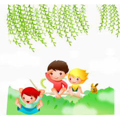 坐在柳树下的小朋友