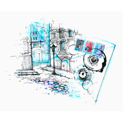 水彩街道建筑