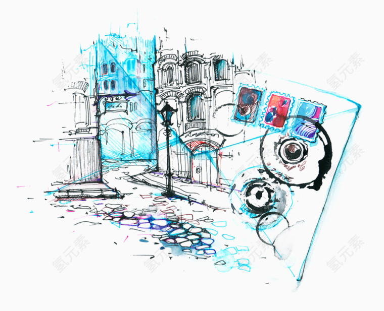 水彩街道建筑