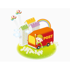 矢量彩色卡通邮递车男人房子