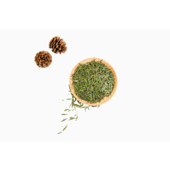 一盘干茶叶和两个松果