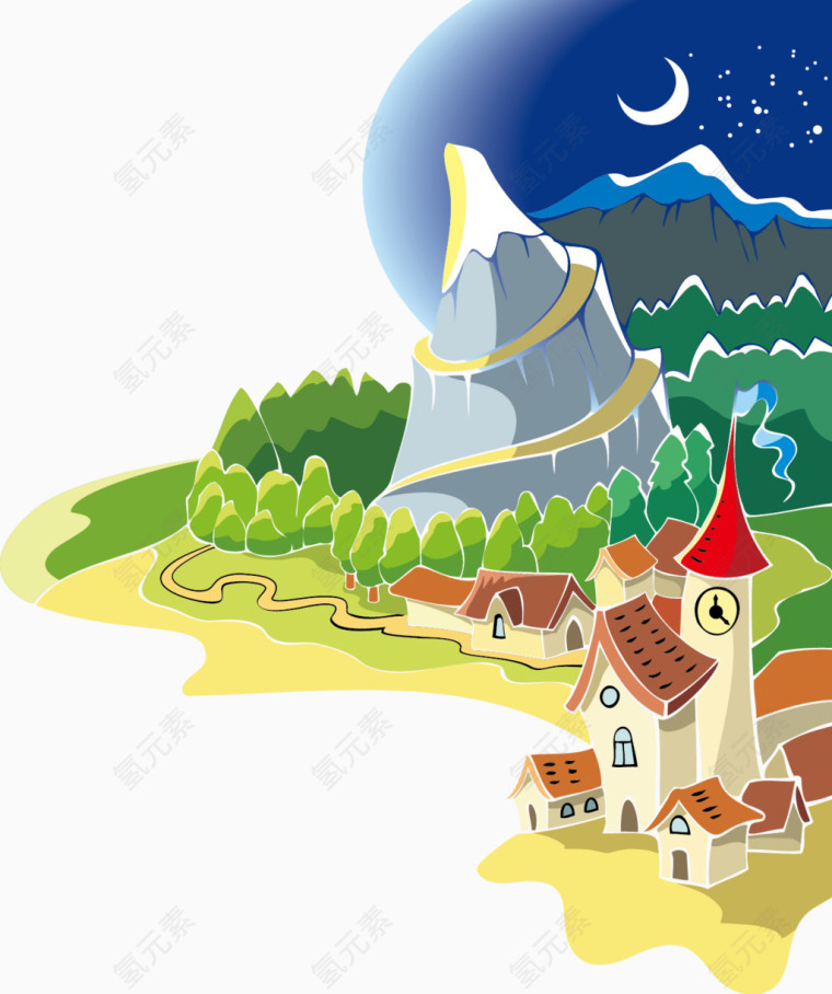 欧洲夜晚农村插图矢量图
