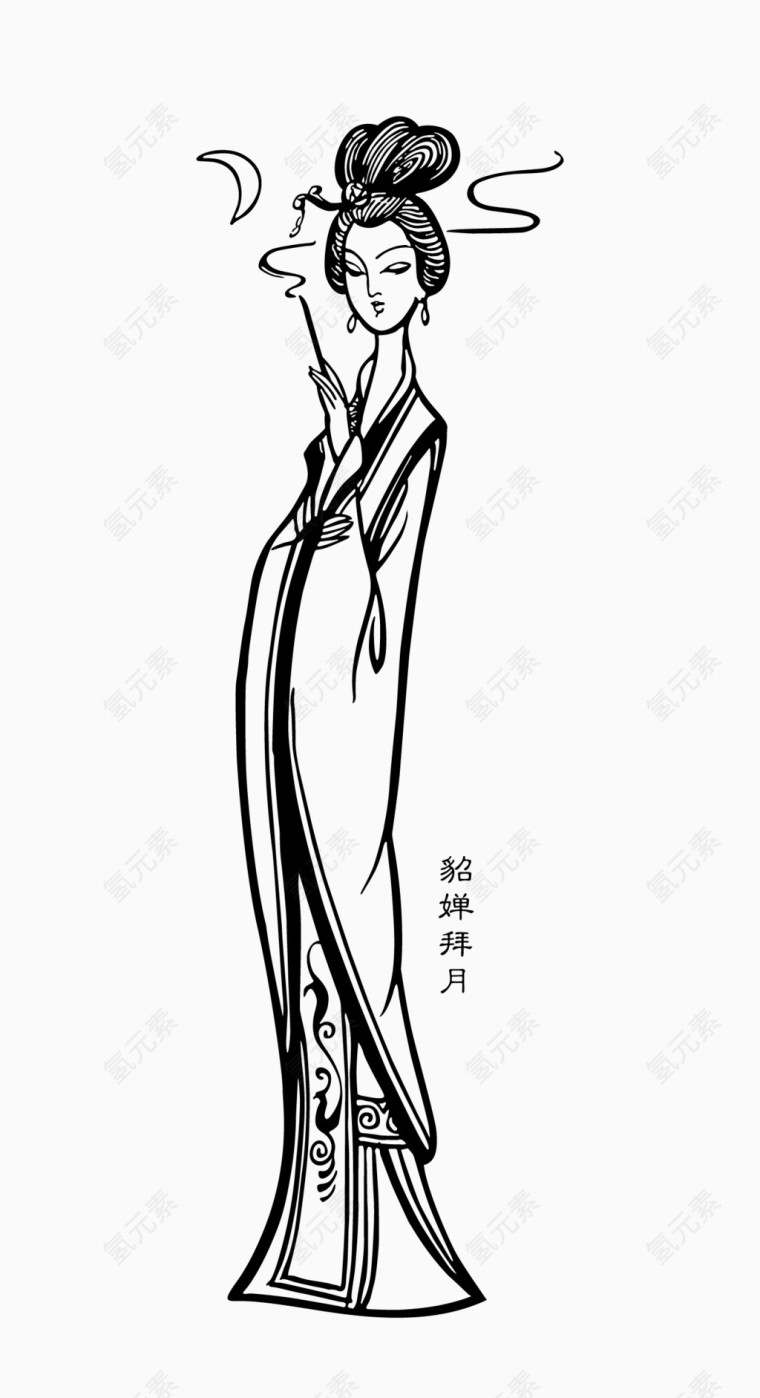 古代黑白线条优美女子