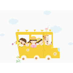 黄色校车里的卡通学生