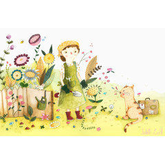 手绘女孩猫咪工作