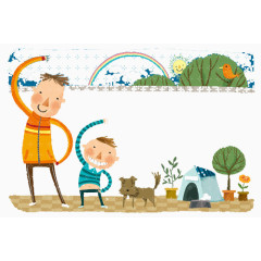 手绘父子做早操