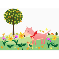 野外嗅花的宠物狗插画矢量素材