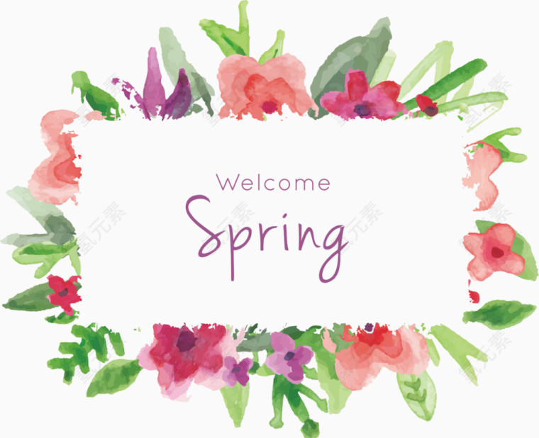 水彩spring框架树叶鲜花