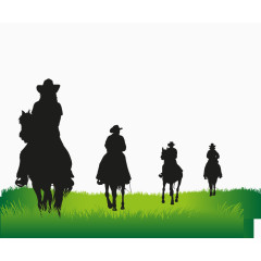 卡通手绘翠绿草地黑白牛仔骑马