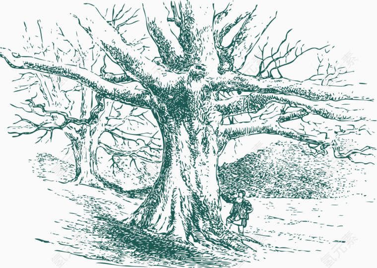 素描树木人物背景PNG矢量元素
