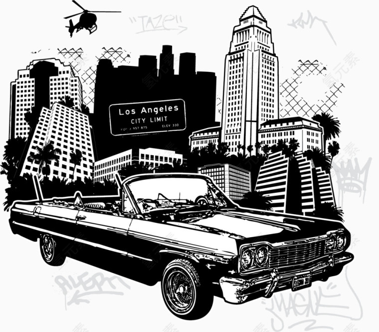 手绘黑色城市风