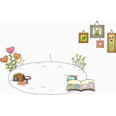 卡通书本与爱心花草