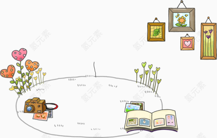 卡通书本与爱心花草