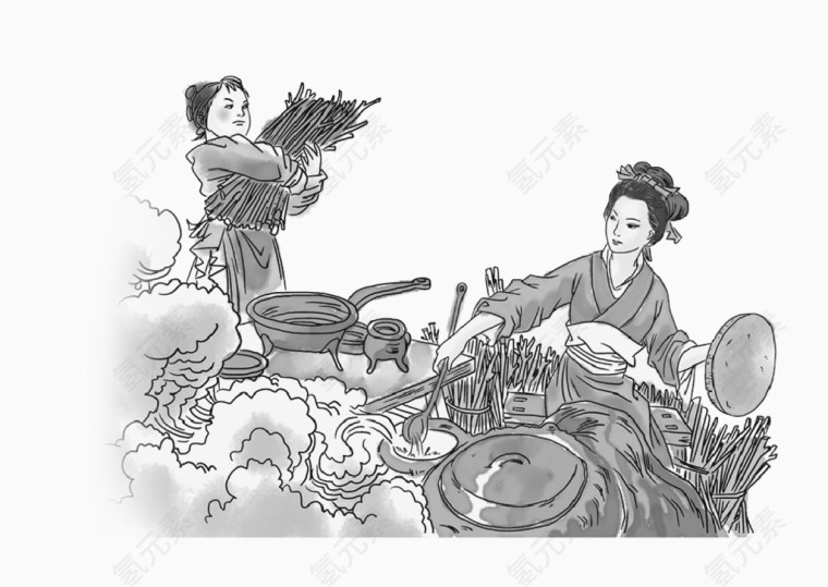 矢量古典妇女煮饭素材