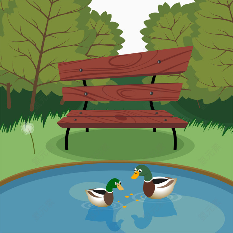 公园中的池塘风景矢量素材