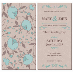 复古蓝色花卉婚礼请柬矢量素材