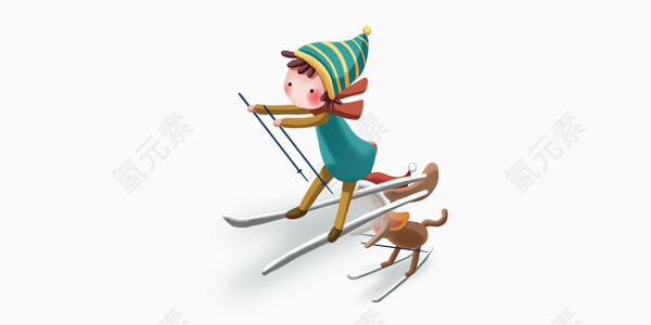 可爱戴帽子小女孩滑雪卡通手绘