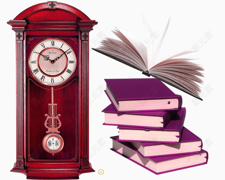 红柳木古典钟摆和书本素材