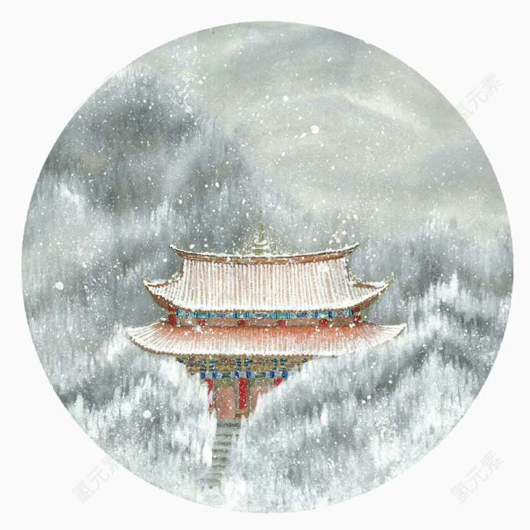 中国风建筑与雪景插画素材