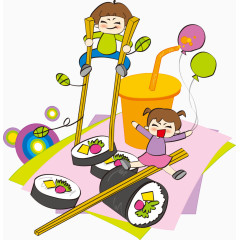 寿司上的卡通儿童