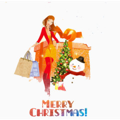 圣诞女孩雪人元素