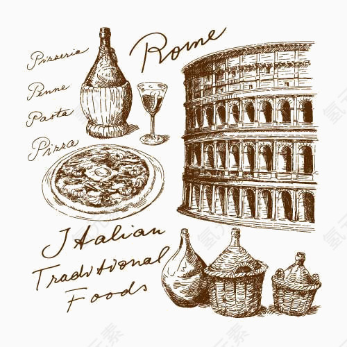 素描建筑和美食