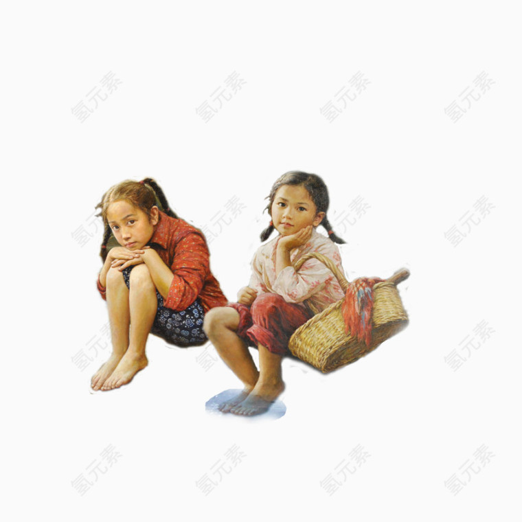 河边提着篮子的农村小女孩