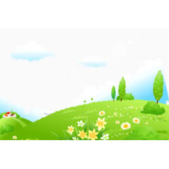 卡通手绘翠绿草地花朵树木房屋