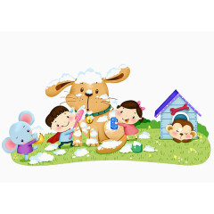 孩子们给狗洗澡