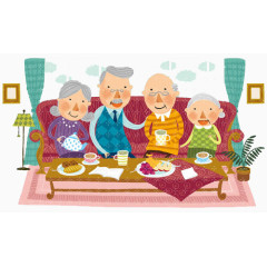 两对老人用餐插画