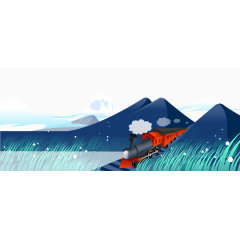 卡通矢量彩色插画山间蒸汽火车