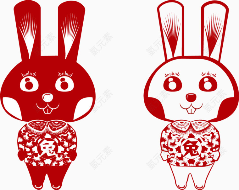 矢量手绘红色剪纸兔