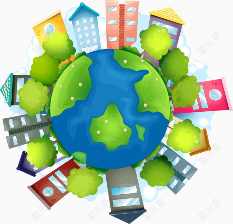 卡通地球上的高楼大厦