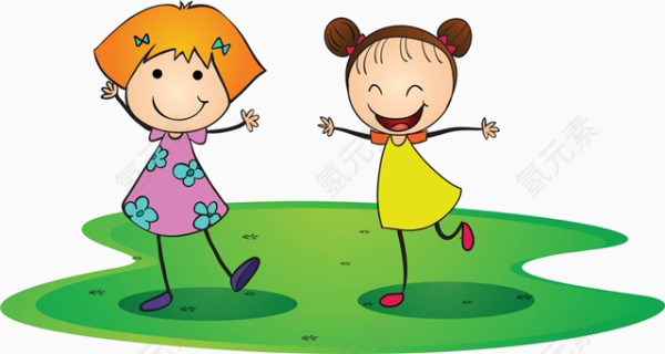 卡通草地上的孩子