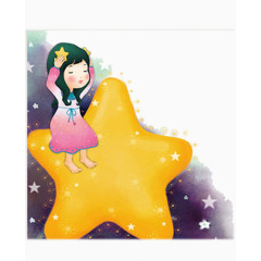手绘卡通女孩星星天空素材