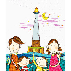 手绘一家人赏月