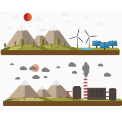 矢量手绘环保城市和污染城市