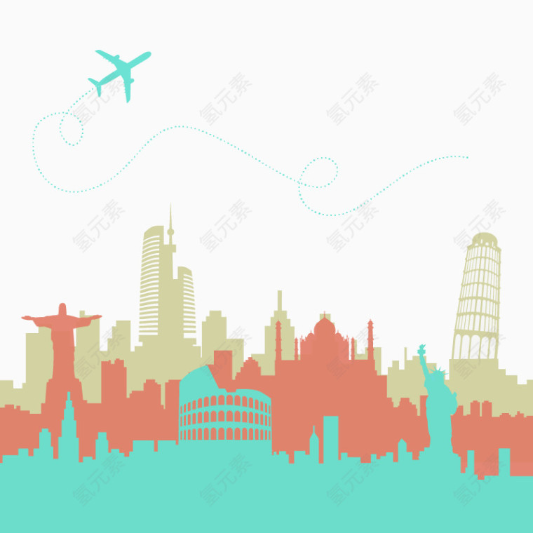 城市建筑扁平化飞机树木矢量下载