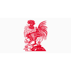 红色喜庆公鸡剪纸装饰图案