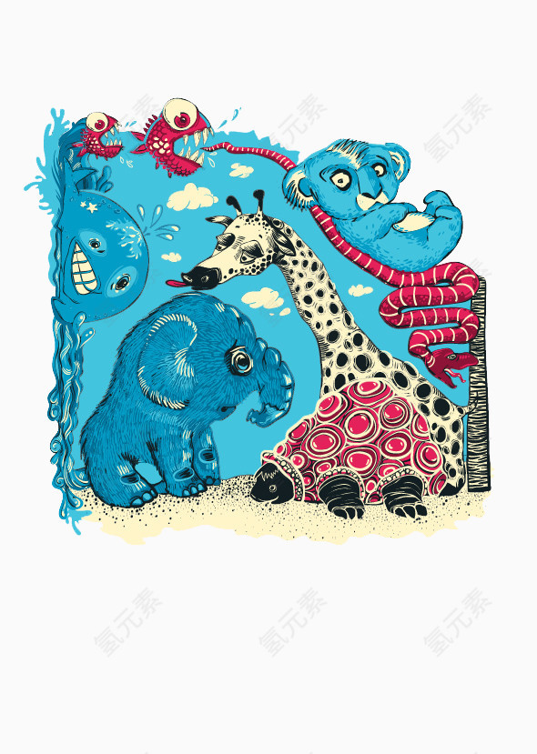 可爱手绘大象长颈